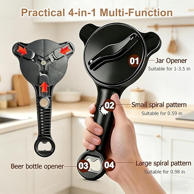 2 Pcs 2026 New 4-in-1 Jar Opener-Adjustable Stainless Steel Lid Remover for Seniors & Arthritis,Non-Slip Grip Fits 1″-3.5″Jars,Bottles & Cans (Brown)