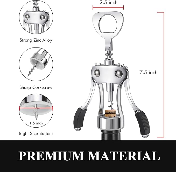 KORCCI Multifunctional Wine Bottle Opener Gift Set - Heavy-Duty Zinc Alloy Wing Corkscrew, Foil Cutter, Vacuum Stopper & Aerator Pourer for Kitchen, Bar, Restaurant, Bartenders