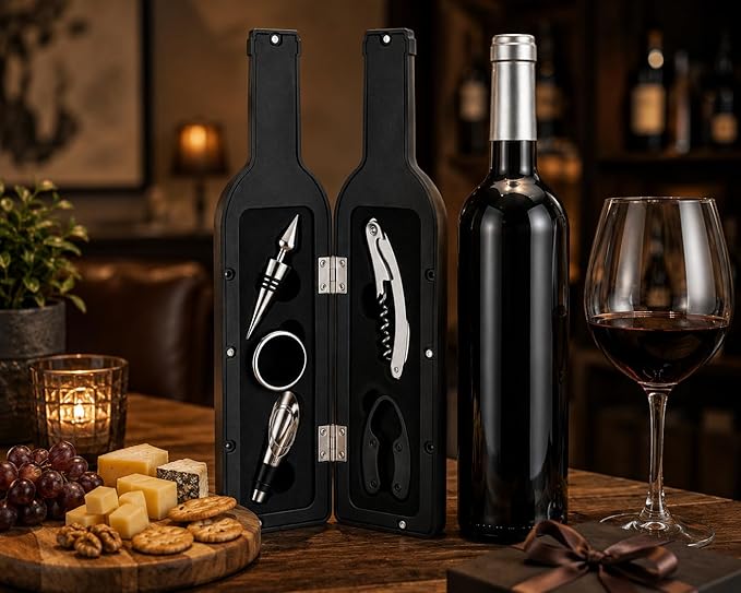 Luxury Wine Accessory & Gift Set - Corkscrew, Stopper, Pourer, and Games! (Wine Opener - Black and Silver GlossyBottle Case)