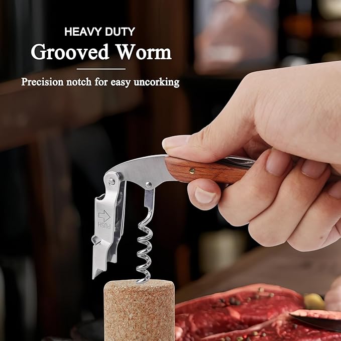 2-Pack Corkscrew Wine Opener - Professional Stainless Steel with Rosewood Handle, Foil Cutter, and Bottle Opener - Manual Wine Key for Bartenders, Servers, and Home Use