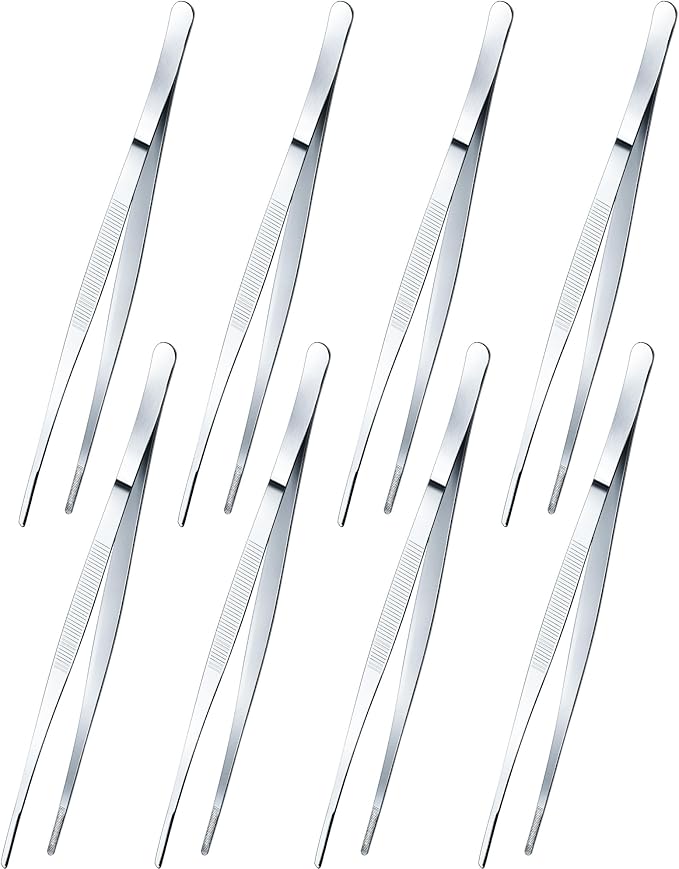 Yaomiao 8 Packs 8 Inch Bar Tweezers Silver Cocktail Tongs Long Garnish Tweezers Stainless Steel Bartender Kitchen Cooking Tongs for Cocktail Food Fruit Korean BBQ Bartender Chef, Multi-use