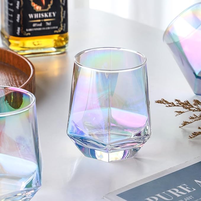 Wine Glasses Set of 6 (10 Oz), Stemless Wine Glass for Red and White Wine, Iridescent Diamond Shaped Glassware for Whiskey, Cocktail, Best Gift Anniversary, Wedding, Housewarming, Birthday