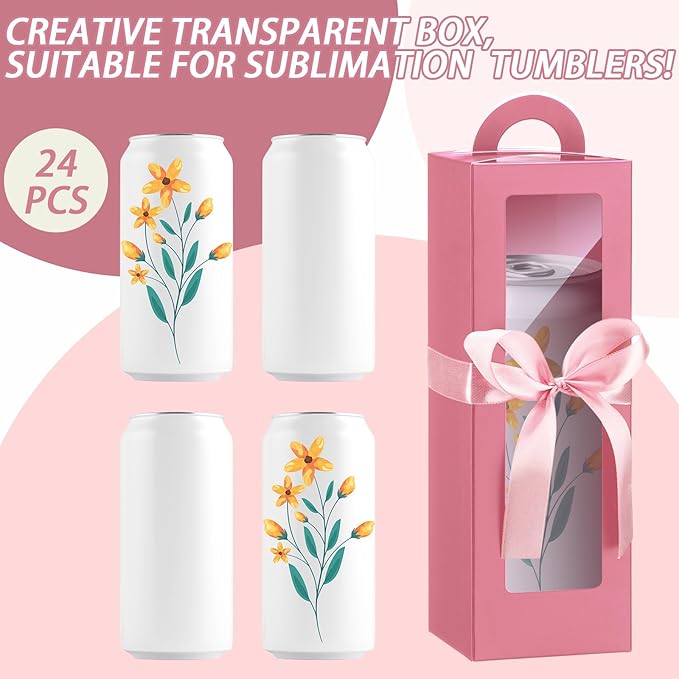 Ctosree 24 Pcs Tumbler Gift Box with Handle for 12oz 16oz 20oz 30oz Clear Wine Glass Gift Box Sublimation Tumblers Heat Press Blanks Bottle for Christmas Wrapping Packaging(Pink)