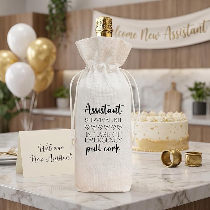 Assistant Appreciation Gift Wine Bag, Funny Survival Kit Linen Drawstring Wine Bottle Cover, Reusable Wine Gift Pouch for Administrative Assistant Office Staff Thank You Gift - A11