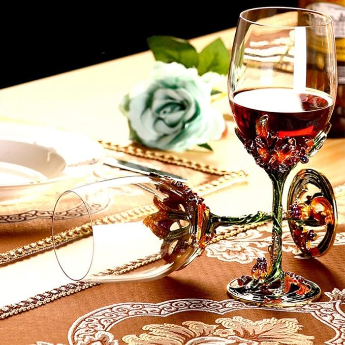 Comeon Wine Glasses Crystal Red Wine Glasses Elegant Champagne Glasses Enamels Floral Decorative Goblets(Green /2 set(gift box))