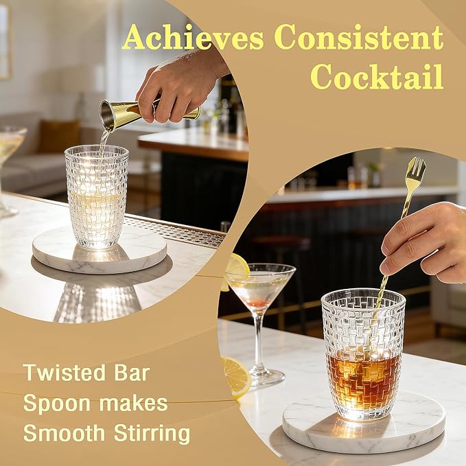 Cocktail Shaker Set - Gold Drink Shaker Bottle with Muddler Professional Martini Shaker Glass for Home Bartender 13.5 Oz Drink Mixer with Measuring Jigger and Built-In Strainer