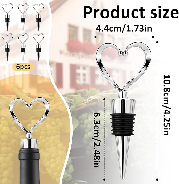6 Pcs Cute Reusable Heart Shape Wine Bottle Stoppers - Silver, Champagne, Beer