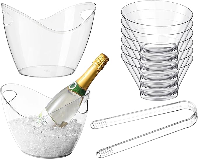 6 Pcs Serving Candy Bowls and 2 Pcs Ice Bucket with 2 Tongs for Parties, 4L Plastic Champagne Cooler Bucket, 7oz Clear Acrylic Candy Bowl Containers for Buffet Birthday Banquet Family Party