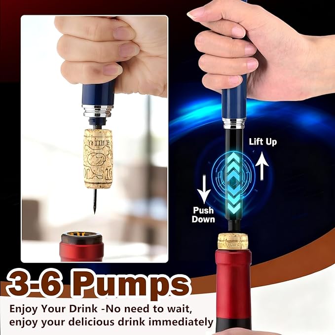 Wine Bottle Opener with Foil Cutter - NUCOKRS Air Pump Aeropop Corkscrew, Pen Style Opens in 3-7 Pumps, Effortless & No Damage to Cork, Compact Gift for Wine Lovers (Blue)