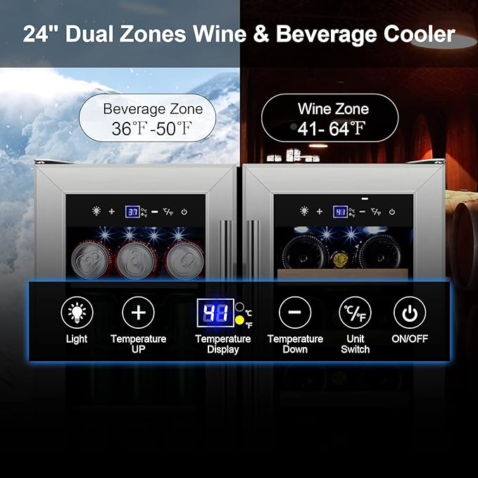 Tylza Wine and Beverage Refrigerator, 24 Inch Dual Zone Wine Fridge, Holds 18 Bottles and 88 Count, French Doors, Lock, Under-counter or Freestanding Wine Cooler, Beverage Fridge with Tempered Glass
