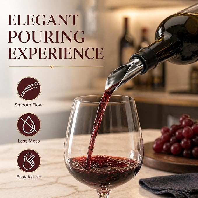 Stainless Steel Wine Aerator and Pourer Set, 5-Piece 2-in-1 Wine Spout with Silicone Bottle Stopper, Premium Silver Wine Accessories for Home Bar, Elegant Gift Box, No-Drip Pouring & Enhanced Flavor