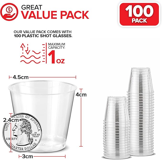 Stock Your Home 100 Pack - Mini Plastic Shot Glasses (1oz) Clear Disposable Cups for Jello Shots, Wine Tasting, Liquor, Whiskey, Pudding, Sample Cup for Halloween and Elegant Parties