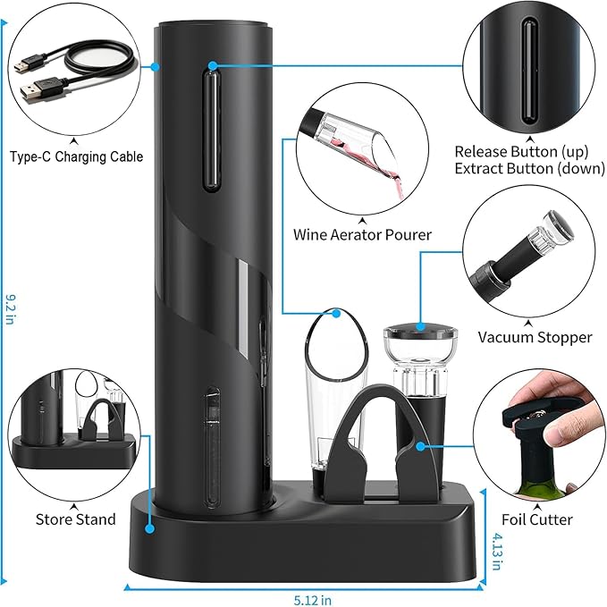 Electric Wine Opener Set, A 4-in-1 Multifunctional Wine Accessory Kit, including an Automatic Corkscrew Opener, Rechargeable Wine Bottle Openers, Foil Cutter, Wine Aerator Pourer, and Vacuum Stoppers