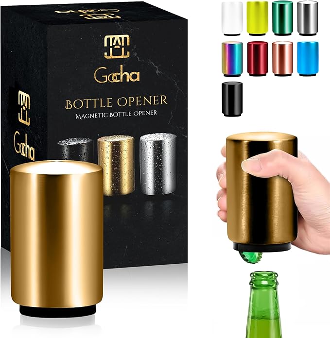 GOCHA | Magnetic Beer Bottle Opener with Automatic Cap Catcher – Stainless Steel Push-Down Gadget, One-Hand Bar Tool for Beer & Soda Bottles (Gold)