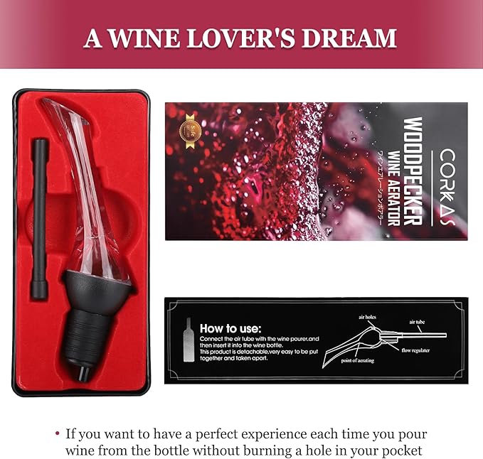 CORKAS Wine Aerator Professional Quality Wine Aerator Pourer, 2-in-1 Wine Pourer Aerator and Decanter Spout for Aerating Wine Instantly, Wine Accessories Gift for Wine Lovers, No-Drip or Spill
