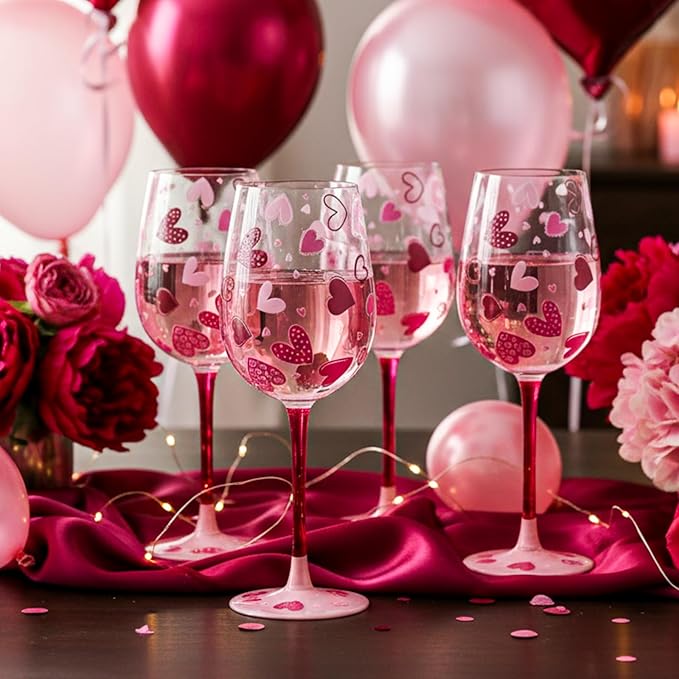 SiliFine 4 Pcs Valentine's Day Party Stemmed Wine Glasses Hand Painted Drinking Cup Wine Glasses for Birthday Theme Holiday Party Supply