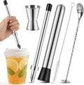 ZPUFAW 5Pcs Set Straw Puncher for Lemonade Plastic Lids Cups with Muddler, Bar Spoon, Jigger, 304 Stainless Steel Straw Hole Puncher