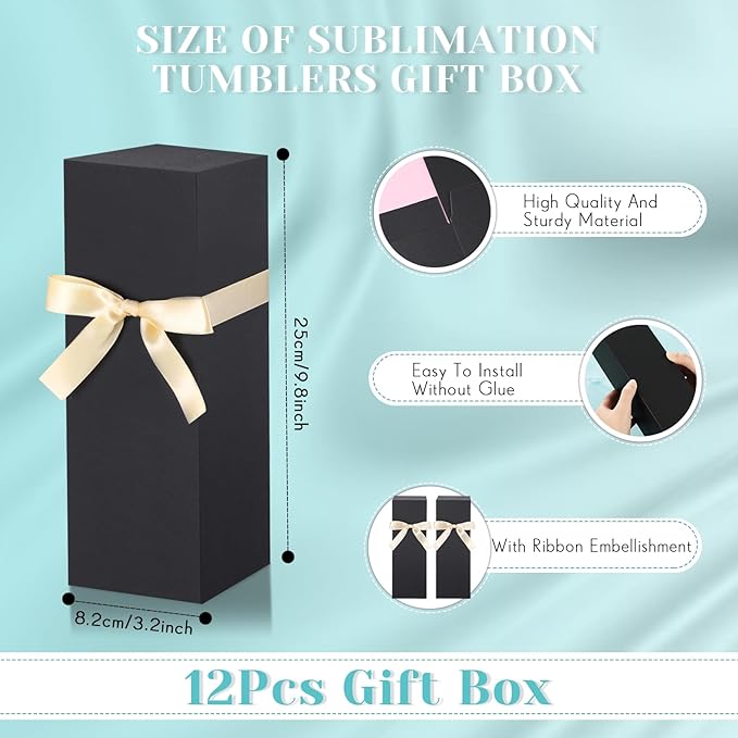 Qilery 12 Sets Gift Boxes with Ribbon for Sublimation Glass Tumbler Gift Boxes for 12oz, 20oz, 30oz Shipping Cup Exhibition Packaging(Black)