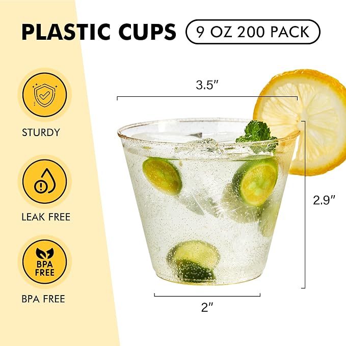 RACETOP 200 Pack 9 oz Gold Plastic Cups Tumbler, Disposable Cups with Gold Glitter for Party, Heavy-duty Clear Plastic Wine Glasses, Disposable Wedding Cups