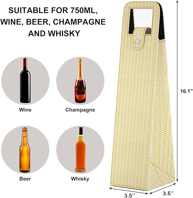 RYDDOY Wine Gift Bag, Reusable Leather Wine Tote Carrier, Single Bottle Champagne Beer Gift Bags Carrier for Birthday, Wedding, Picnic Party, Christmas festival Gifts (Beige)