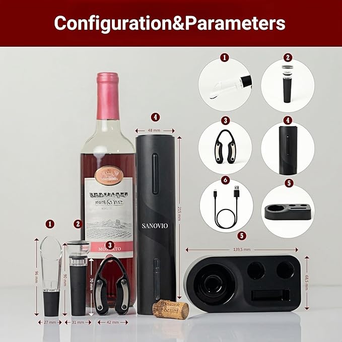 6-in-1 Electric Wine Opener Set - Rechargeable Automatic Corkscrew with Vacuum Sealer, Wine Aerator, Foil Cutter & Charging Base,Valentine's Day Gifts, Wine Lovers(Black)