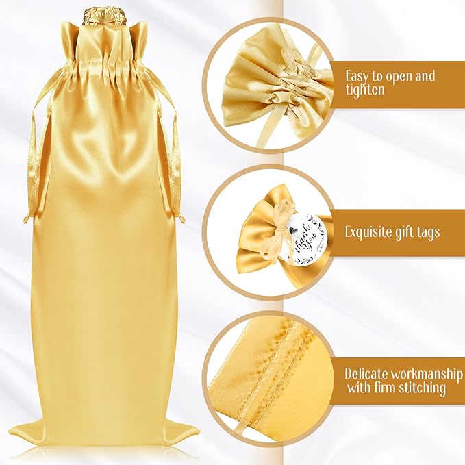 Shappy 12 Pcs Yellow Satin Wine Gift Bags with Drawstrings and Tags, Wine Bottle Bags Covers Reusable for Holiday Party Supplies