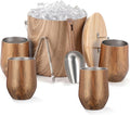 Meekoo Stainless Steel Ice Bucket for Parties,3L Double-wall Vacuum Insulated Ice Bucket with Lid, Scoop, Tong, and 4 Wood Texture Cups for Champagne, Cocktail, Home Barware, Bar, Outdoor Supplies