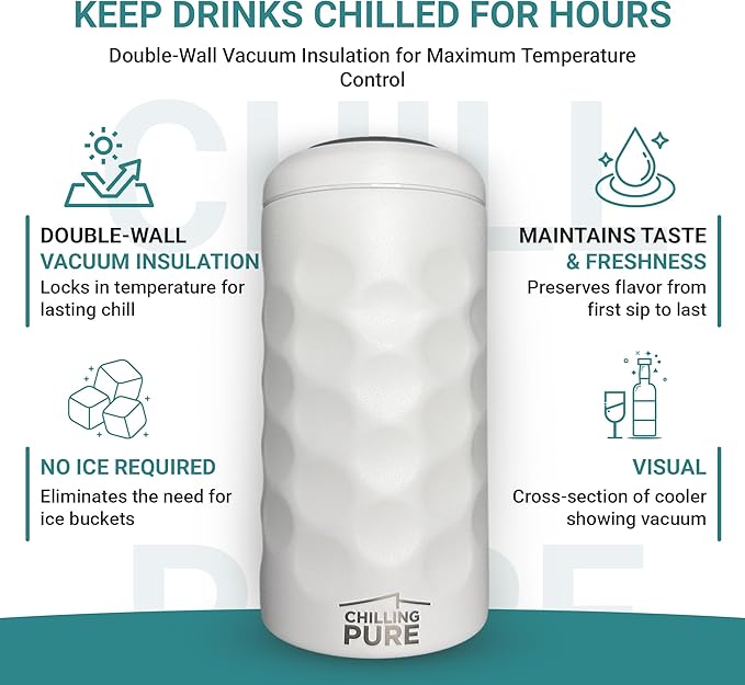 Vacuum Insulated Stainless Steel Wine & Champagne Bottle Cooler – Fits Most 750mL Bottles, Keeps Drinks Chilled for Hours (White)
