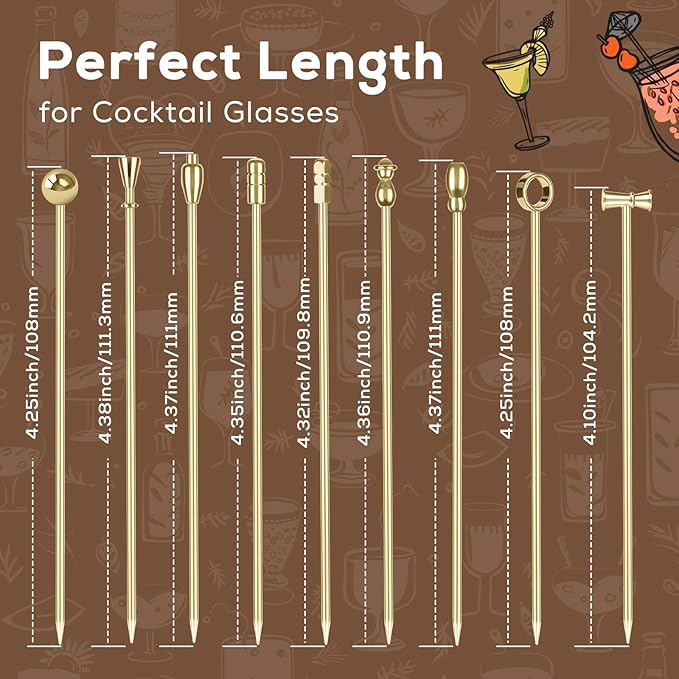 Metal Cocktail Martini Picks Gold, 4.1 in Olive Skewers Stainless Steel, Martini Garnish Sticks Reusable, Metal Toothpicks for Drinks, Appetizers, Cheese, Gift for Mother Bar Accessories - 9 Pcs