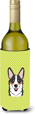 Caroline's Treasures BB1317LITERK Checkerboard Lime Green Corgi Wine Bottle Hugger Bottle Cooler Sleeve Hugger Machine Washable Collapsible Insulator Beverage Insulated Holder