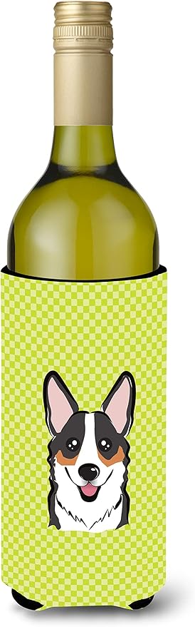 Caroline's Treasures BB1317LITERK Checkerboard Lime Green Corgi Wine Bottle Hugger Bottle Cooler Sleeve Hugger Machine Washable Collapsible Insulator Beverage Insulated Holder