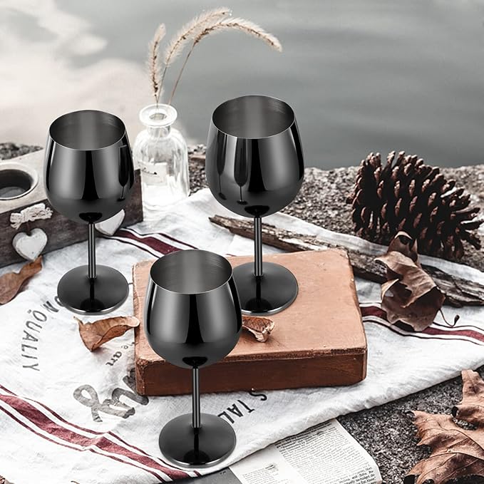 Lifecapido Stainless Steel Wine Glasses Set of 8, 18oz Stainless Steel Wine Goblet, Black Metal Wine Glasses with Cup Brush for Party, Office, Wedding, Anniversary, Great for Red, White Wine