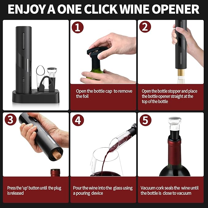 Electric Bottle Opener 5-in-1 ElectricWine Bottle Opener with Rechargeable Storage Base, Foil Cutter, Wine Pour& Wine Stopper