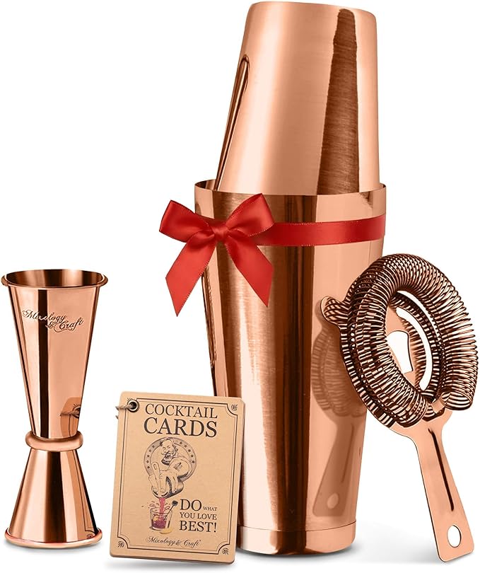 Mixology & Craft Cocktail Shaker Set Boston Shaker, Strainer and Japanese Jigger, Portable Bar Set for Home Bartending (Copper)