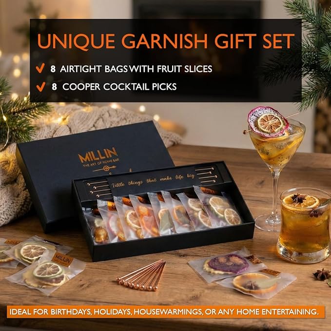 MILLIN GOURMET GARNISH GIFT SET with COCKTAIL PICKS I 100% Natural Dehydrated fruits I Professional Bartenders Men Women Corporate Liquor Holiday Unique Gift -Medium (35 slices + 8 picks)