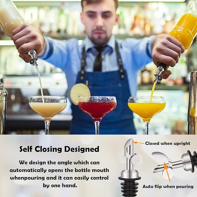 WAFJAMF 2 Pcs Weighted Stainless Steel Bottle Pourers, Self Closing Olive Oil Dispenser Spout, Auto Flip Feature Liquor Pour Spouts for Pours Liquid, Olive Oil, Wine, Vinegar (Silver)