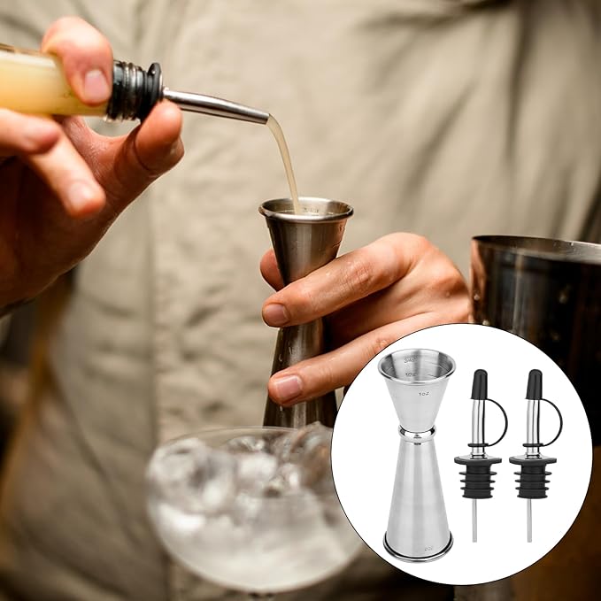 Double Cocktail Jigger for Bartending 2oz 1oz with 2 Pourers Spout Lids, Japanese Bar Stainless Steel Drink Shot Measurer with Measurements Inside, Liquor Alcohol Measuring Cup for Bartender Accessory
