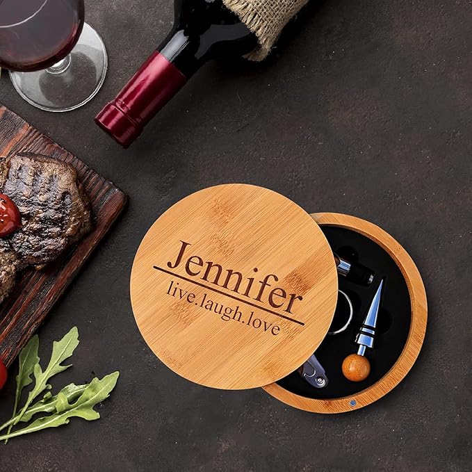 Personalized Bamboo Round 4 Piece Wine Tool Set