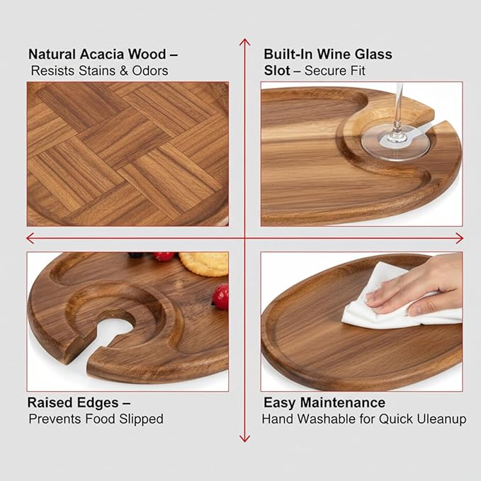 6-Piece Acacia Wood Wine Appetizer Plate Set with Wine Glass Slot 9 x 6 x 0.5 Inch Individual Charcuterie Boards Mini Cheese Board and Snack Tray for Parties Gifts