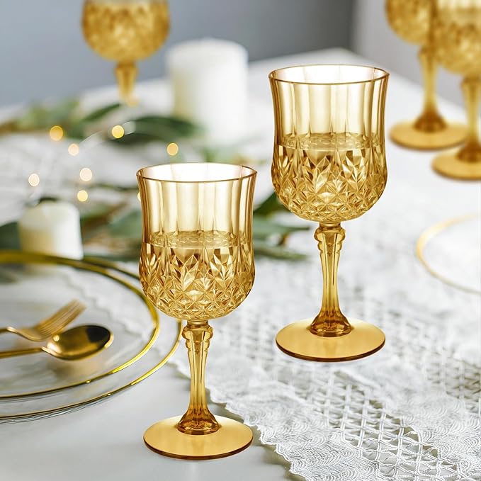 7OZ Plastic Wine Glasses, Disposable Goblets Drinking Glasses Crystal Vintage Water Cups Unbreakable Champagne for Wedding, Parties, Valentine's Day (Yellow)