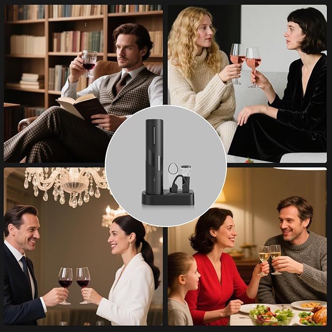 Electric Bottle Opener 5-in-1 ElectricWine Bottle Opener with Rechargeable Storage Base, Foil Cutter, Wine Pour& Wine Stopper