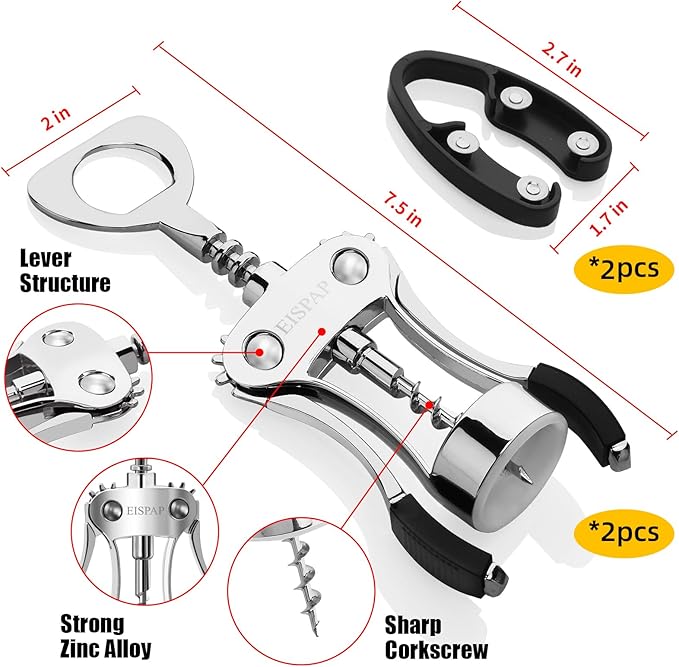 2 Pcs Powerful Wine Opener, Ergonomic Soft Touch Heavy Duty Manual Bottle Openers, Rust Resistant Zinc Alloy Winged Corkscrew, Easy Use, Open Corks, Dishwasher Safe (Wine Opener, set of, 2)