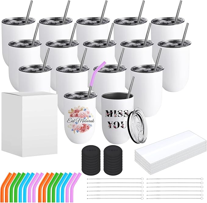 ColorSub Sublimation Straight Wine Tumblers 12oz, 16 Pack Stainless Steel Double Wall Sublimation Blanks Wine Cups with Lids & Straws, Brush, Shrink Wrap, Silicone Straw Tips, Gift Box