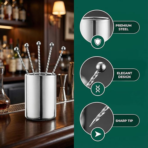 6Pcs Metal Cocktail Picks and Holder Reusable Stainless Steel Skewers Toothpicks Kit for Cocktails Drinks Garnish Appetizers Martini Picks Fruit Coctail Skewer Accessories
