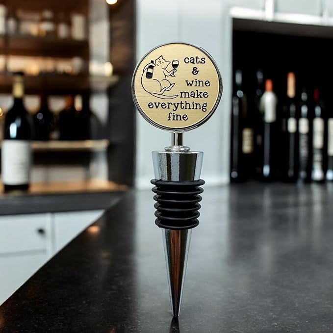 Jazzy Jade Designs Cat Wine Stopper – “Cats & Wine Make Everything Fine!” – Laser Engraved Zinc Alloy & 100% Food-Grade Rubber – Cute Cat Lover Wine Gift, Made in USA