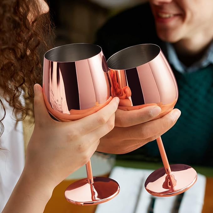 Lifecapido Stainless Steel Stem Wine Glasses Set of 8, 18oz Copper Wine Glasses, Stainless Steel Wine Goblets with Cup Brush for Party Office Wedding Anniversary, Great for Red White Wine(Rose Gold)