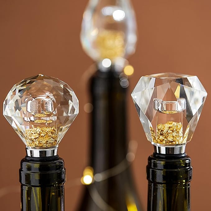 Halyhun Rustproof Glass Diamond Wine Stopper 1pcs, Decorative Crystal Wine and Beverage Bottle Stopper for Kitchen, Elegant Wine Stopper with Gold Foil décor, Made of Premium Glass and Silicone, Clear