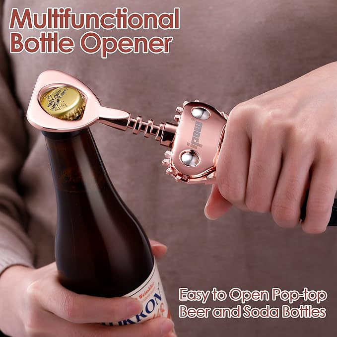 IPOW Wine Opener, Zinc Alloy Wine Bottle Opener, Wing Corkscrew Heavy Duty, Manual Multifunctional Cork Screw for Waiter,Rose Gold
