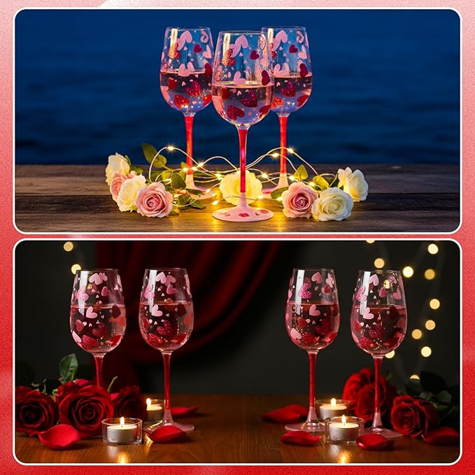 SiliFine 4 Pcs Valentine's Day Party Stemmed Wine Glasses Hand Painted Drinking Cup Wine Glasses for Birthday Theme Holiday Party Supply