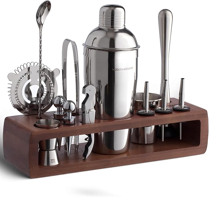 Modern Mixology Pro-Graded Cocktail Shaker Set with Stand | Complete Bartender Kit | 24oz Martini Shaker, Jigger, Strainer, Bar Spoon, Tongs, Opener, Muddler, Home Bar Essentials